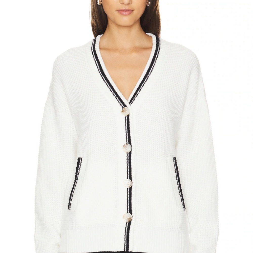 Varley Conistone Boxy White Cardigan with Black Trim